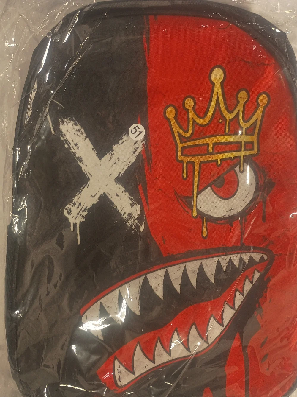 Graphic Shark Face Backpack with Crown and X Design - Black & Red